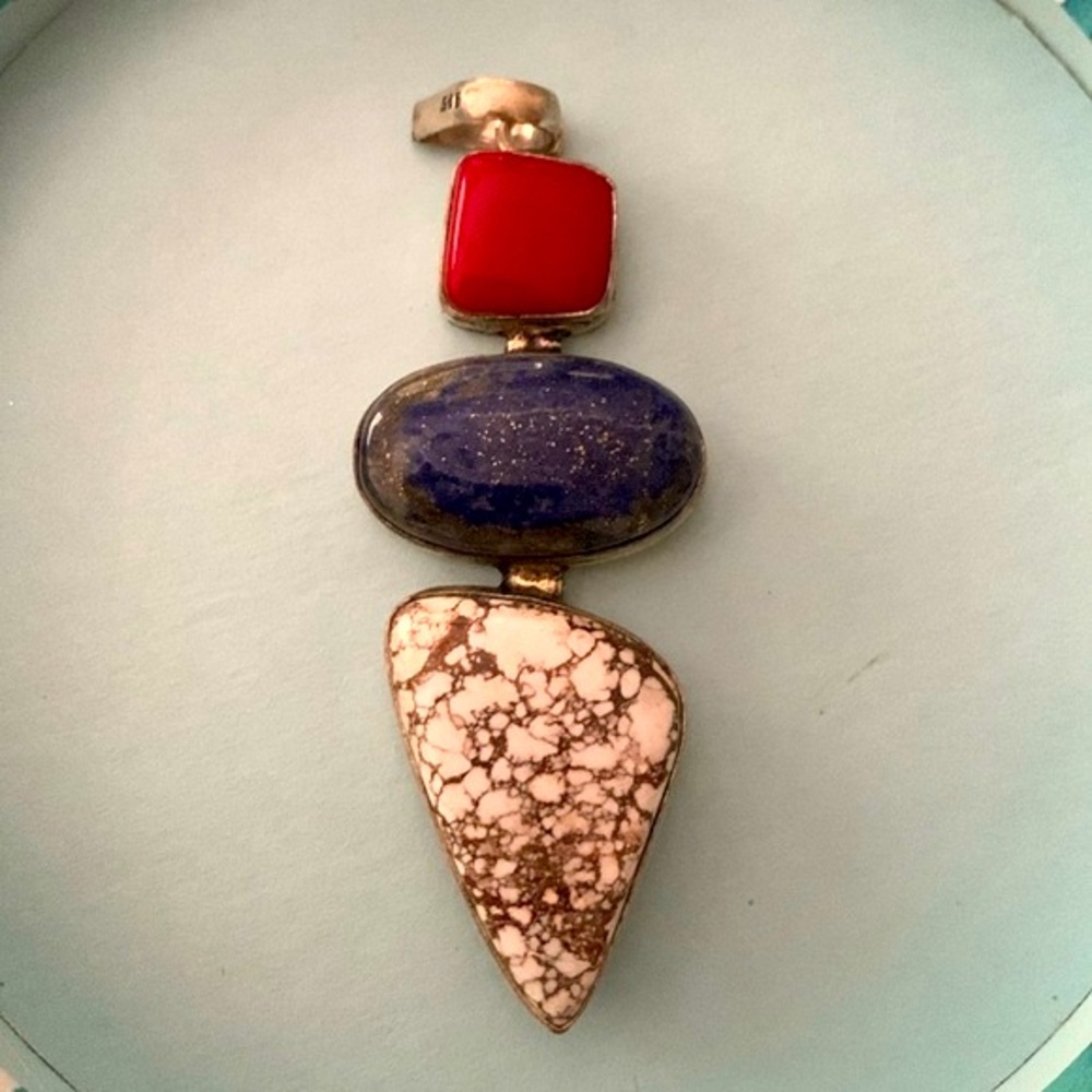 925. Red Coral-Lapis Lazuli- Turquoise Pendant